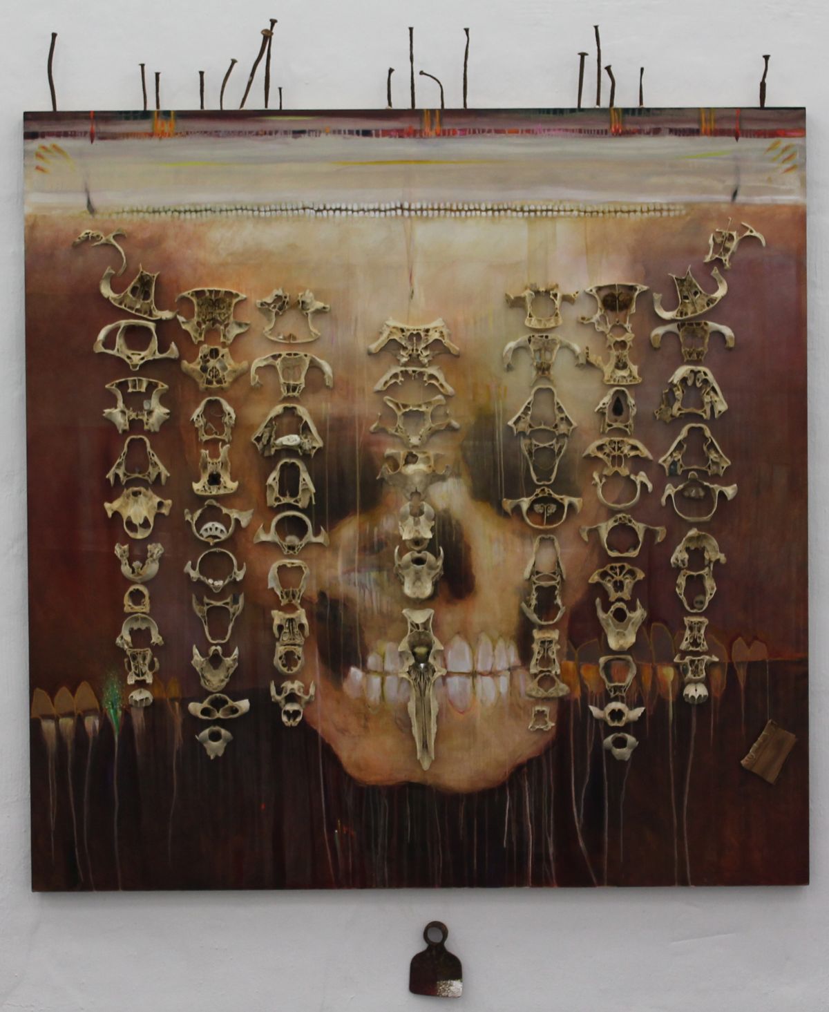 Click the image for a view of: Secular Reliquary. 2014. Oil on board, found objects.